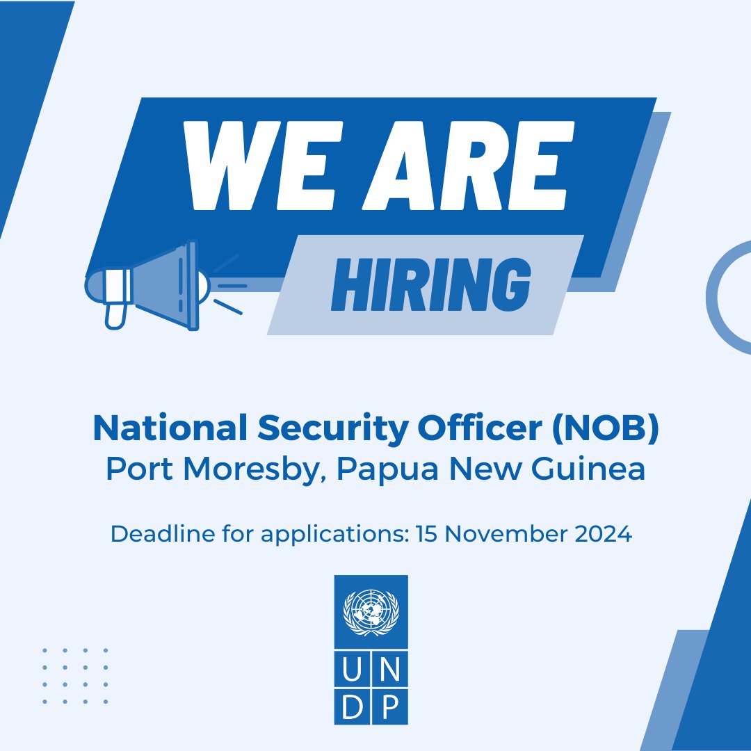 UNDP is looking for a National Security Officer to help ensure the security of its programming and staff across Papua New Guinea.

Interested candidates should submit their applications by 15 November 2024.

🖱️LEARN MORE AND APPLY FOR THE VACANCY HERE: tinyurl.com/6x5v4crd