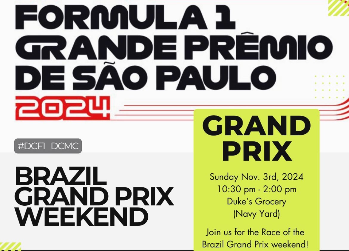 Hello <a href="/F1/">Formula 1</a> 🏎️ fans! Our Navy Yard location is the original home of <a href="/DCMC_feed/">DC Motorsport Community</a>. Watch party for  🇧🇷 this Sunday — arrive early, it gets busy. #dcf1 #formula1