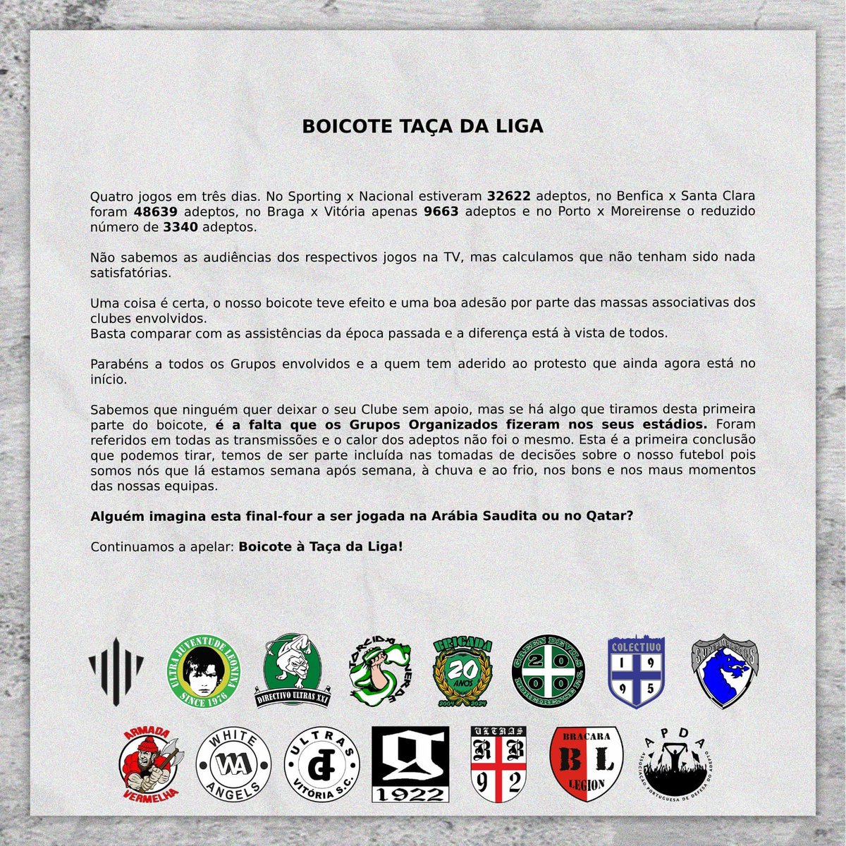 Continuamos a apelar: Boicote à Taça da Liga