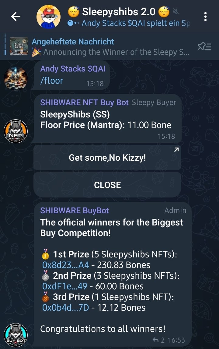 Hey #ShibFam,

Today ended our biggest Buy Competition for $SNOOZE 🥳🥳
Three lucky Shibizens are Winners of some adorable Sleepyshibs NFTs

Thank you for all the Love we receive from our #Shibarium Pack 🧡💙💛

We're tailwagging excited where our journey will take us 🐶