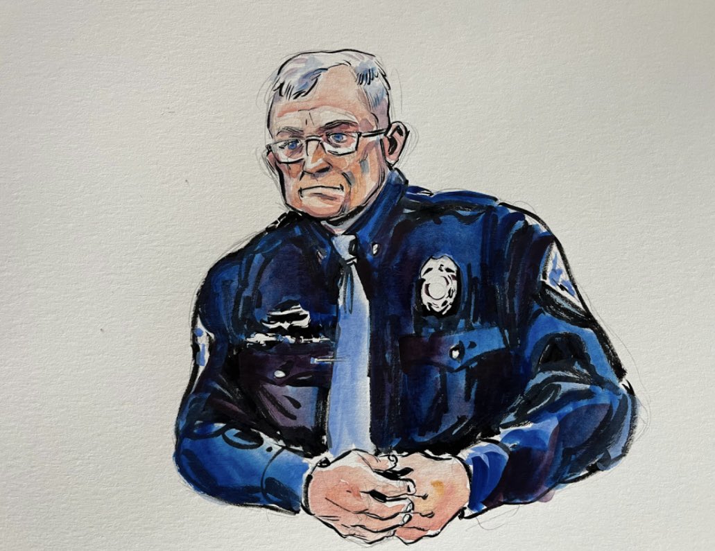 NewsyBarbara's tweet photo. Defendant Richard Allen with defense atty Andrew Baldwin, ISP Supt. Doug Carter as he testifies in court. Defense atty Brad Rozzi, witness Max Baker, Judge Fran Gull and court reporter Jodie Williams as jurors (not pictured) watch videos of Allen in prison. Courtesy: Li Buszka https://t.co/DqDyUyMUi9