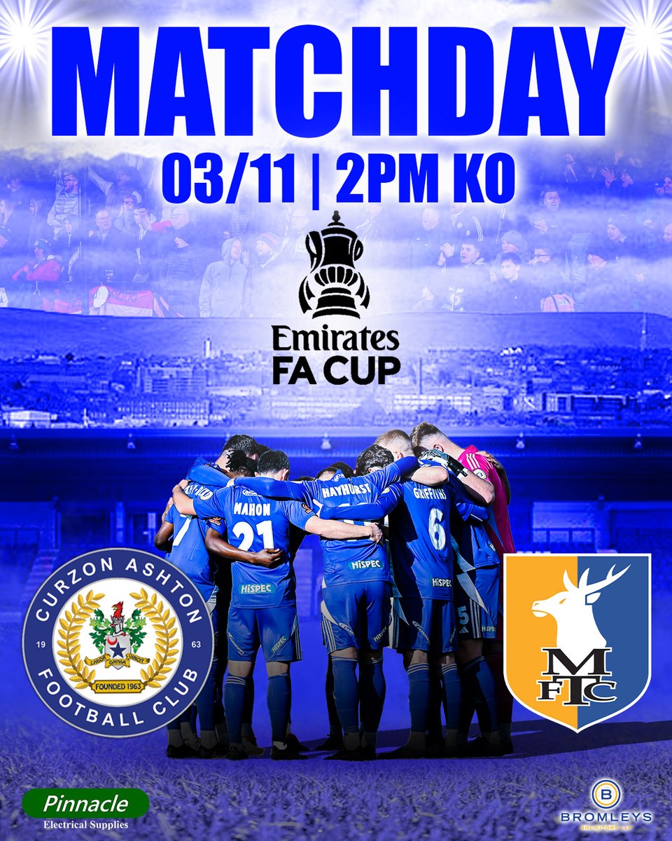 🔵 𝐈𝐓'𝐒 𝐌𝐀𝐓𝐂𝐇𝐃𝐀𝐘

🆚 <a href="/mansfieldtownfc/">Mansfield Town FC</a>
🏆 <a href="/EmiratesFACup/">Emirates FA Cup</a>
📅 3rd November 2024
⏰ 14:00 (BST)
🏟️ Tameside Stadium, OL7 9HG
🎟️ curzon-ashton.co.uk/news/fa-cup--t…
All tickets must be bought in advance
Make The Tameside your HOME!

#UTN | #TheNash