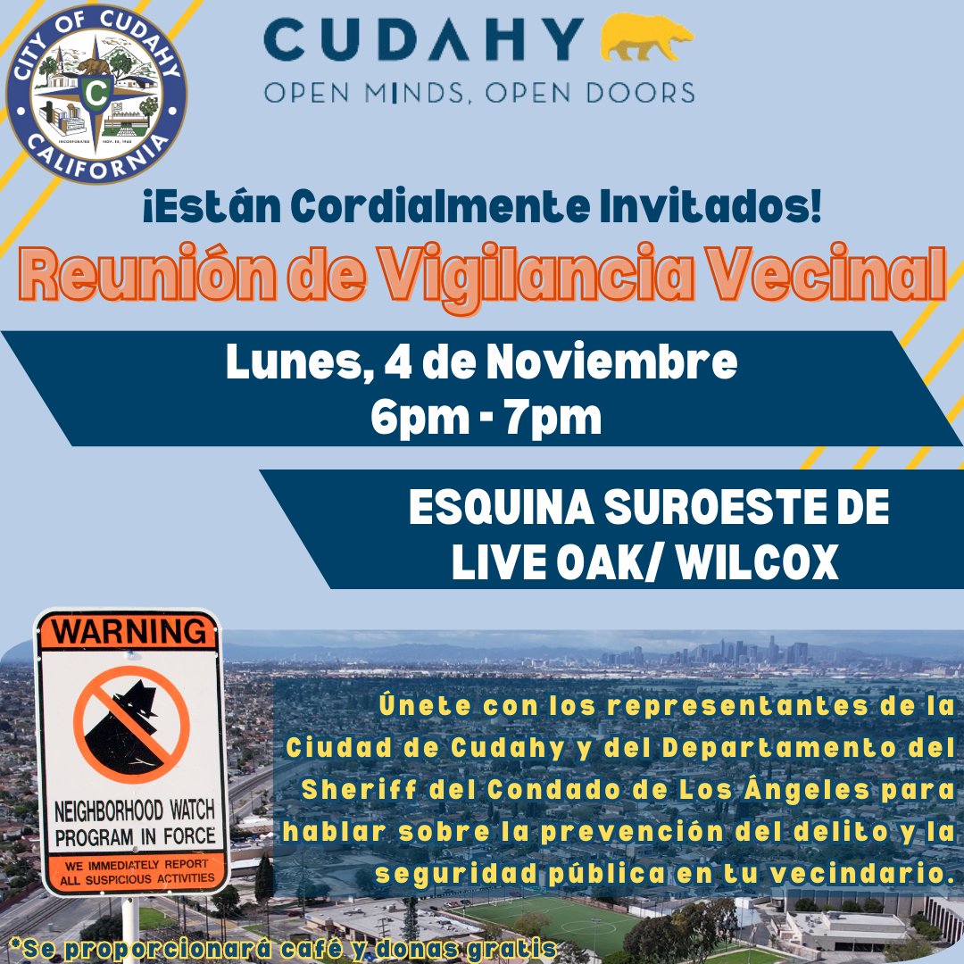 Together, we make our community safer! Join our Neighborhood Watch Meeting and stay informed, stay vigilant, and stay connected. Let’s look out for each other and keep our neighborhood a secure place for all.
#NeighborhoodWatch #CommunitySafety #CityofCudahyCA