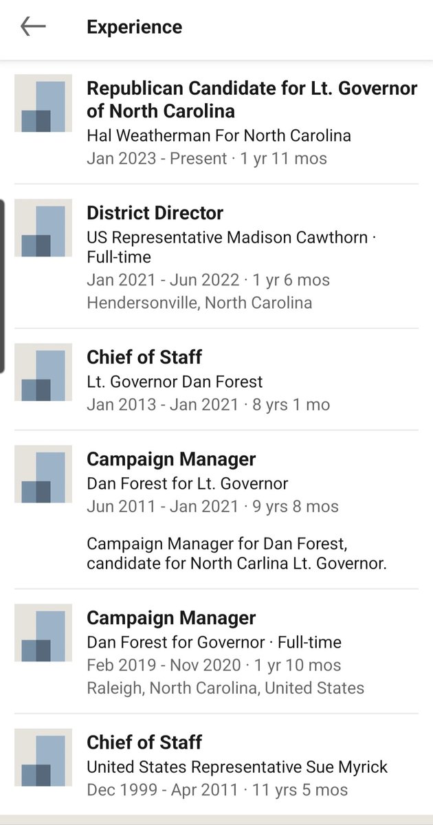 Just saw a TV ad where Hal Weatherman (Republican nominee for NC Lt. Gov) was bragging about being a political 'outsider'. This is his work history according to his LinkedIn profile. Maybe he means he keeps finding himself outside of politics b/c his candidates keep losing.