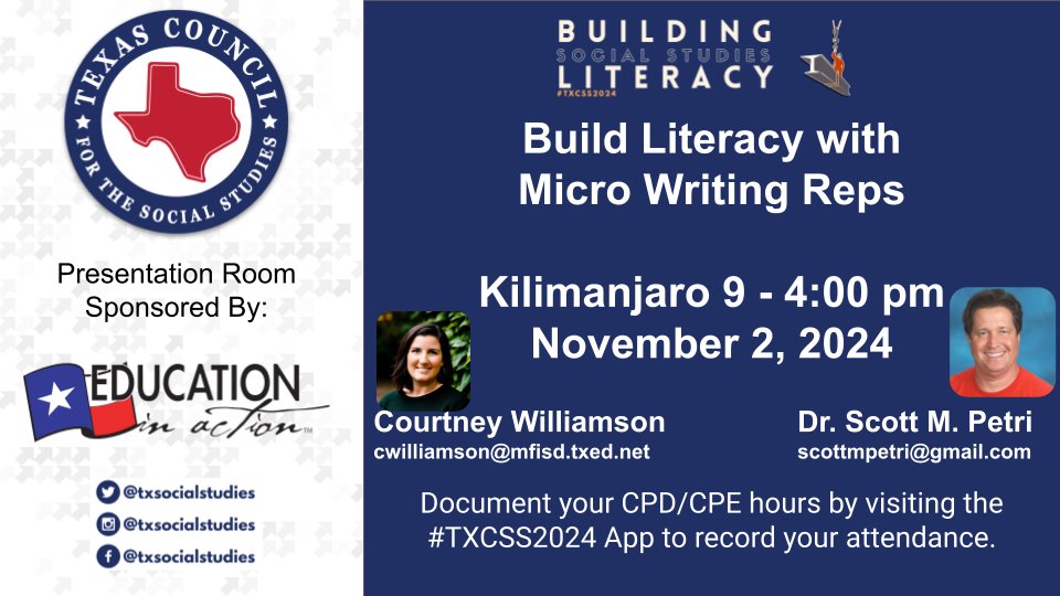 scottmpetri's tweet image. About to start preaching the #SocialStudies #EduProtocols gospel in Kilimanjaro 9 during the LAST #TXCSS2024 session. Come meet @MrsC_Will and learn about Building Literacy with Micro Writing Reps. @TxSocialStudies @socialstudiestx @eduprotocols #sschat