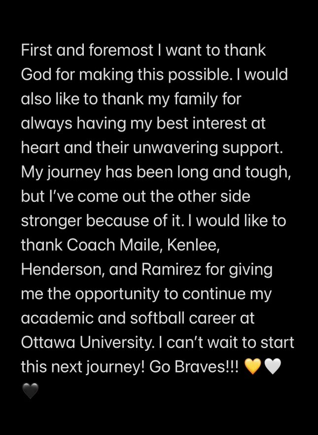 Committed!!!! 🖤💛🤍

Excited to announce I've verbally committed to <a href="/OttawaBravesSB/">Ottawa Braves Softball</a> !!!!

Beyond blessed for the opportunity to play the sport I love and earn an education at the next level!!! 

<a href="/maile_kamalani/">Maile Deutsch</a> 
<a href="/FrankKenlee/">Kenlee Frank</a> 
<a href="/OttawaBravesSB/">Ottawa Braves Softball</a> 
<a href="/ChieftainAth/">Chieftain Athletics</a> 
<a href="/Jadams2267/">Josh Adams</a>