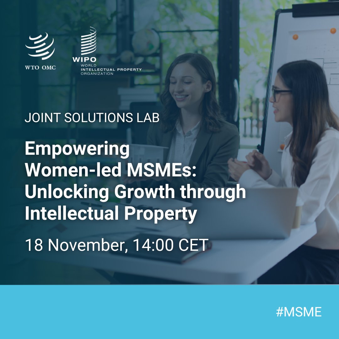 Empowering women-led micro, small, and medium enterprises through intellectual property! Join us and <a href="/WIPO/">World Intellectual Property Organization (WIPO)</a> on 18 Nov to explore how IP can help unlock their business potential, fostering gender equality in innovation and economic growth. Register: bit.ly/3YmI5H5 #MSME