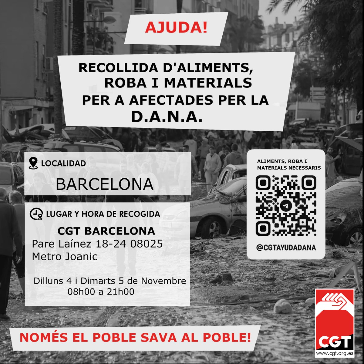 Hemos acotado la recogida de alimentos y materiales al lunes 4 y martes 5 de noviembre, en el local FL Barcelona de 8h a 21h.
Pedimos que las aportaciones sean los productos que os indicamos en la siguiente lista, facilitada por los compañeros de Valencia.
