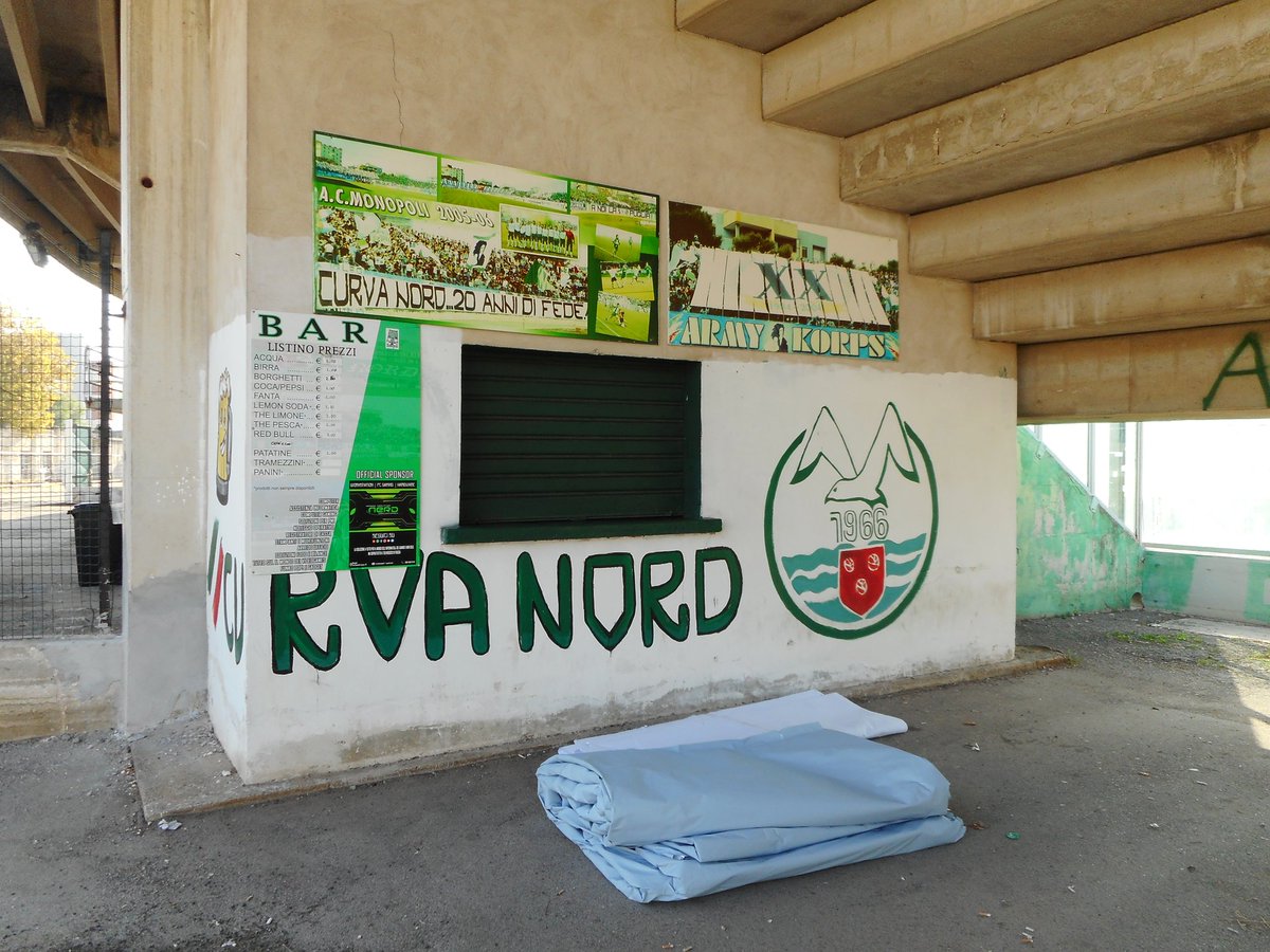 Stadio Vito Simone Veneziani, home of  SS Monopoli 1966 🇮🇹.

A classic southern Italy bowl, with the athletics track now gone. Built in 1963, the single End was added in the 80s making the shape resembling a horseshoe. Three corners host trees!