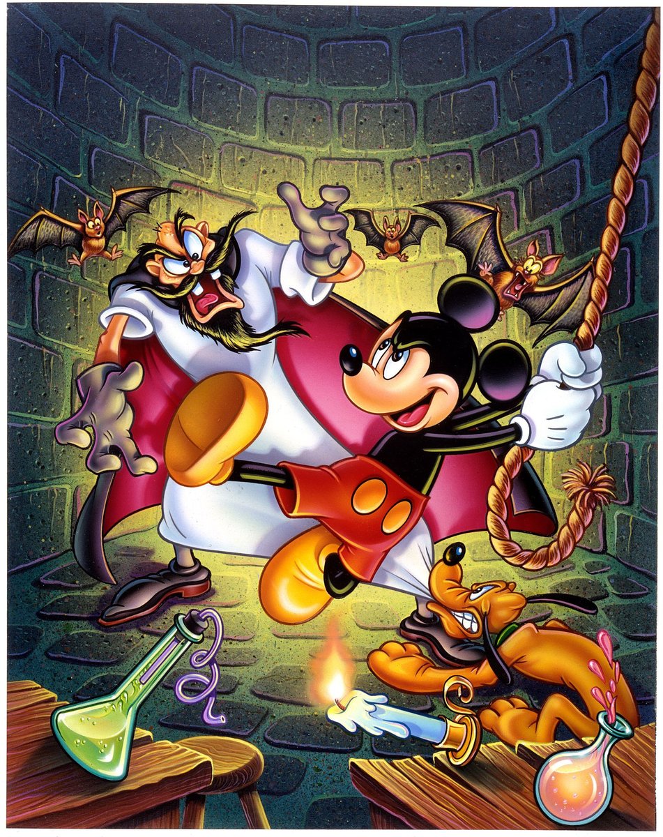New video game art from our archives? Freshly scanned from oversized film stock for our recent Portland Retro exhibit on the year 1994 in games, here's an absolutely gorgeous painting made for Sony's Mickey Mania.