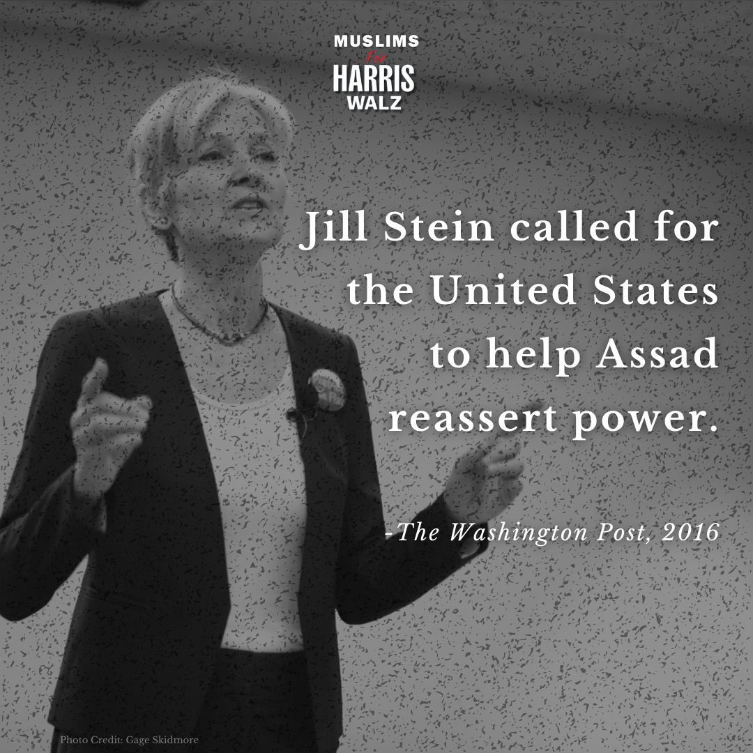 Muslims_Harris's tweet photo. Jill Stein supported a war criminal responsible for the death of 300k Syrians and the use of chemical weapons on children. She is NOT the moral candidate in this race and is trying to decieve Muslim voters.  #MuslimsforHarris https://t.co/SM7XEiTEqK