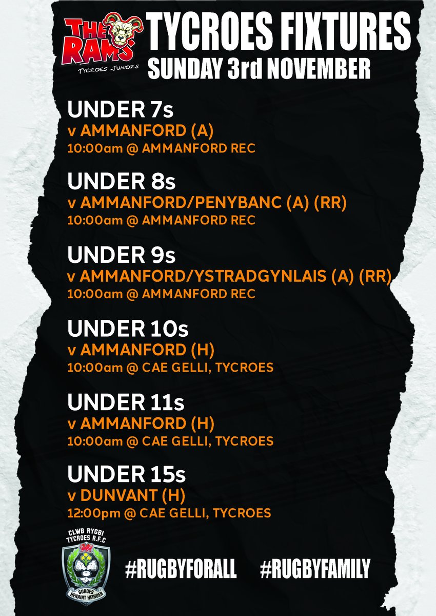 It's derby weekend as our minis play <a href="/Ammanford_Rugby/">Ammanford RFC - Clwb Rygbi Rhydaman #glasadu</a> 
U7-U9s make the short trip to the Rec whilst our U10s &amp; U11s welcome their counterparts to Cae Gelli.

U15s v <a href="/DunvantRFC/">Dunvant Rugby Club</a> @ 12pm

#DerbyDay

<a href="/WRU_Scarlets/">WRU/SCARLETS - UN CYMUNED</a> 
<a href="/MMADACADEMY/">MMAD Rugby Academy</a>
