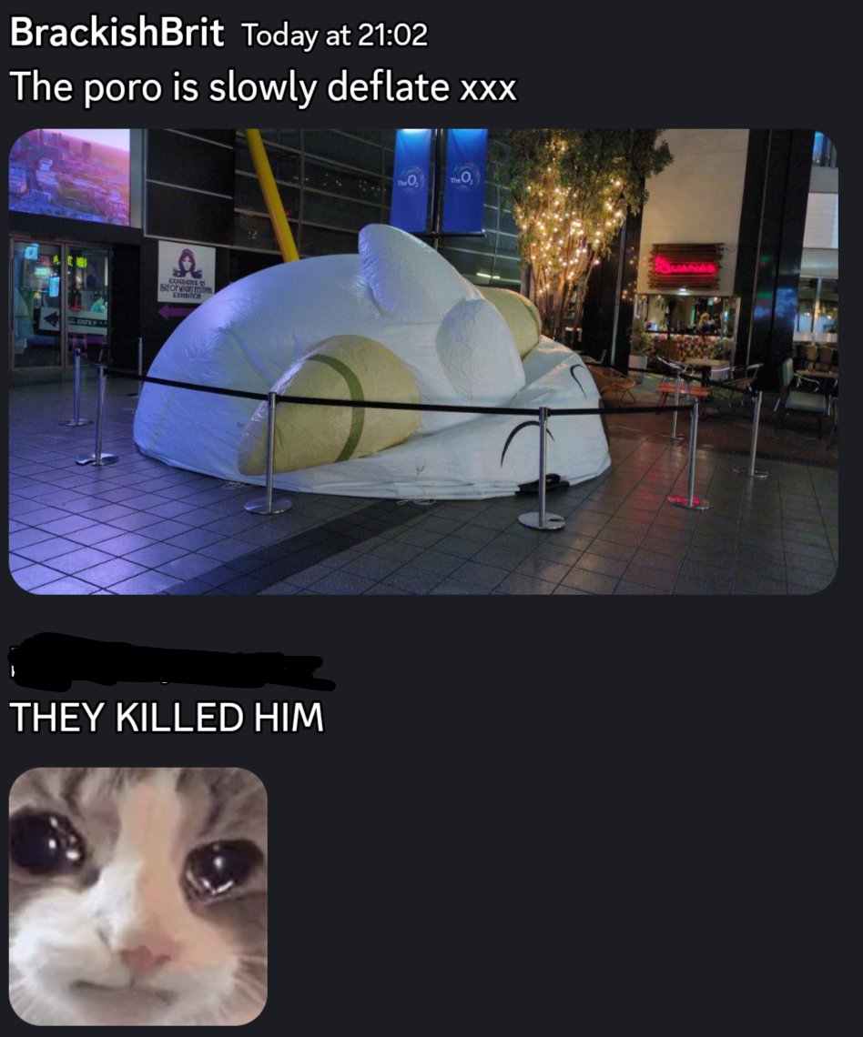 My partner doesn't play League, but loves poros. She didn't react well to seeing the #worlds2024 poro deflating...