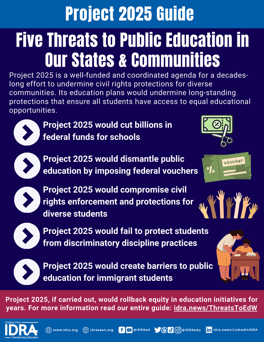 IDRAedu's tweet photo. Project 2025, if carried out, would rollback equity in education initiatives for years. For more information read our entire guide: https://t.co/GgPVcjgK9C https://t.co/KVhYb0AKGO