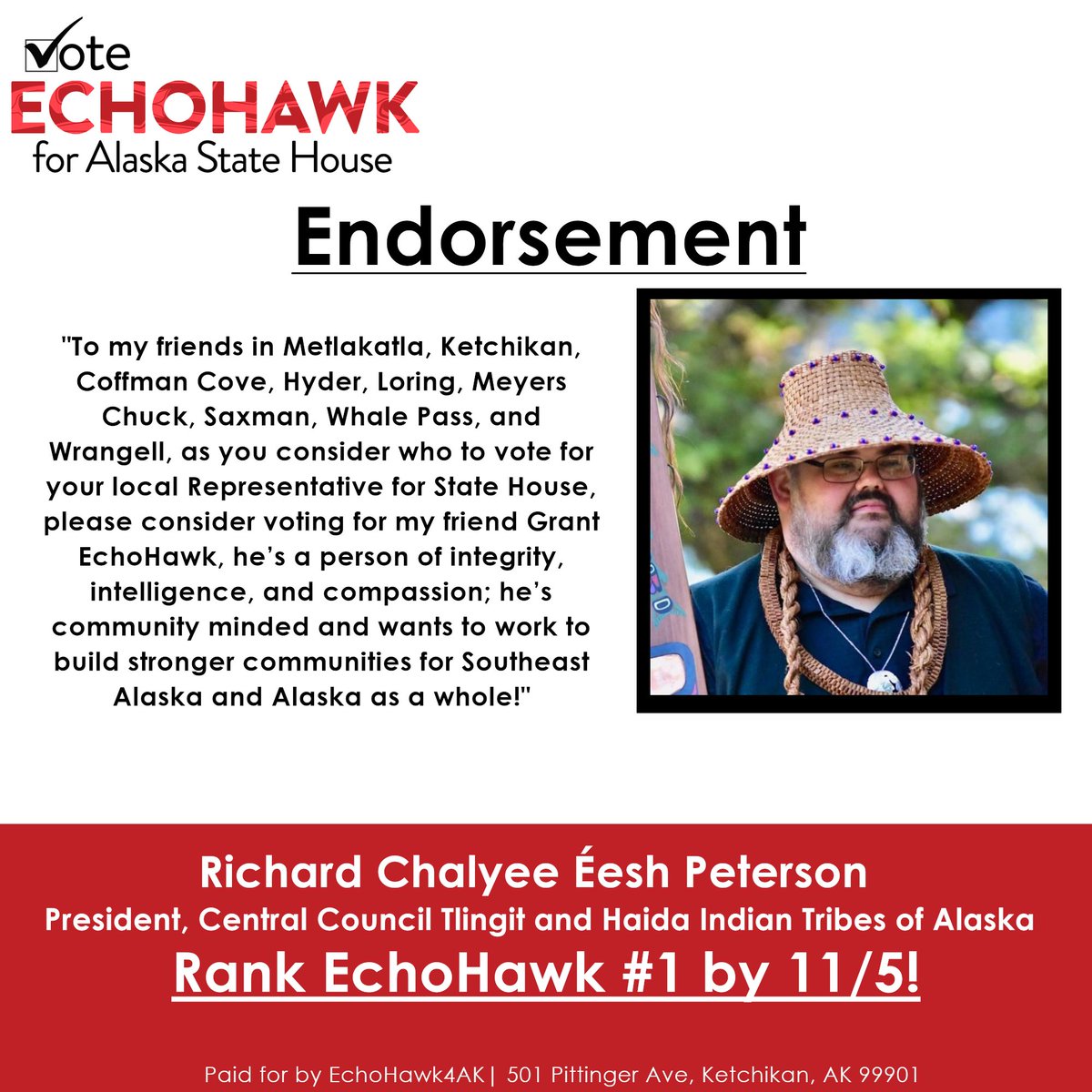 EchoHawk4AK's tweet photo. Thank you to Chalyee Éesh Peterson for your support and kind words.
The polls will be open Monday and Tuesday.  If you have not made it to the polls yet, make sure you make a plan to cast your vote and ensure your voice is heard.
Thank you all for all the support! #akelect https://t.co/pERcHwMjZ0