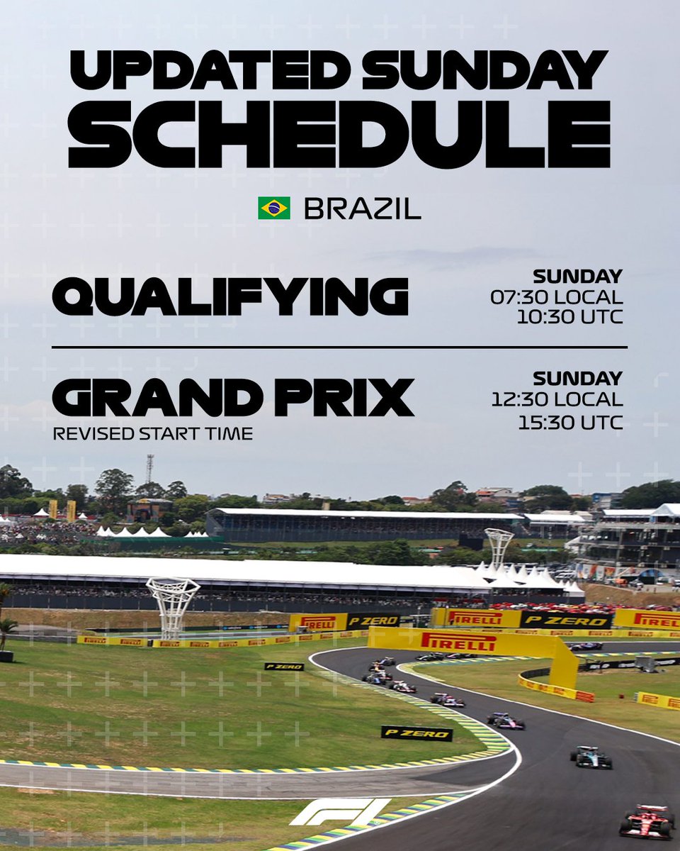 UPDATED SUNDAY SCHEDULE ⏰

After consultation with the stewards, Qualifying for the São Paulo Grand Prix will take place at 07:30 local time on Sunday morning ahead of the Grand Prix at 12:30 local.

#F1 #BrazilGP