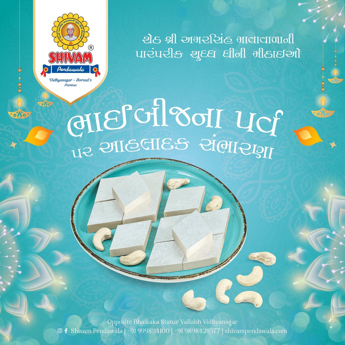 rajdeepraj71's tweet image. Celebrate this
     “DIWALI” 
With Pure Mava Sweets / Namkeen / Assorted Dryfruit Sweets / Dairy Products / Gift packs
@ Shivam Pendawala 
Visit our store 
Near Bhai kaka statue, 
Vallabh Vidhyanagar 
For more details call us on: +91 9998114100