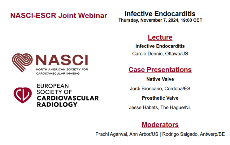 sonja_janx's tweet photo. Don't miss the upcoming NASCI-ESCR Joint #Webinar on #Infective #Endocarditis on November 7! 🖥️

This webinar is FREE to attend, but registration is 
required.  

🔗Learn More + Register: https://t.co/IzV6wuLkg3

#NASCI #ESCR #radiology #cardiovascularimaging
@NASCISociety @EscrOffice #CardioTwitter