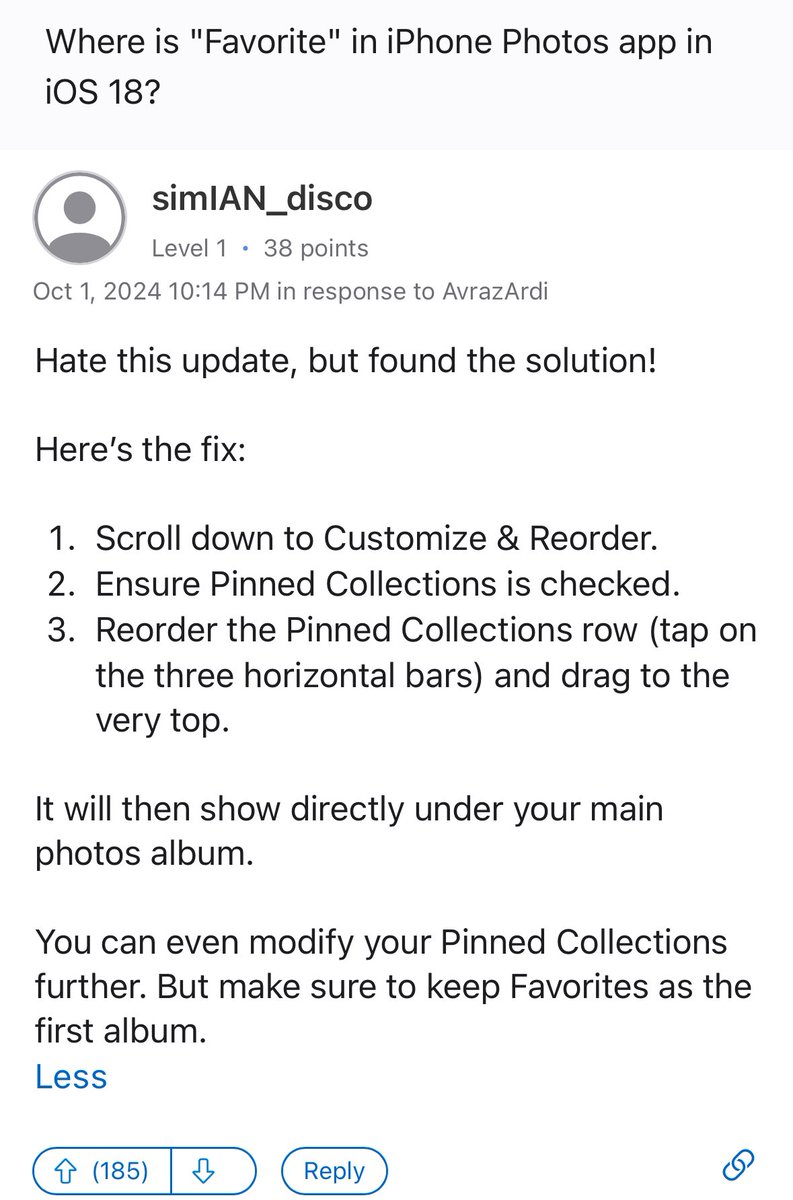 FrassBites's tweet photo. Here’s the solution 
#ios18 #apple #update #applephotos #iosphoto #applefavorites #favoritesalbum #photoalbum https://t.co/LwYZTU2yRO