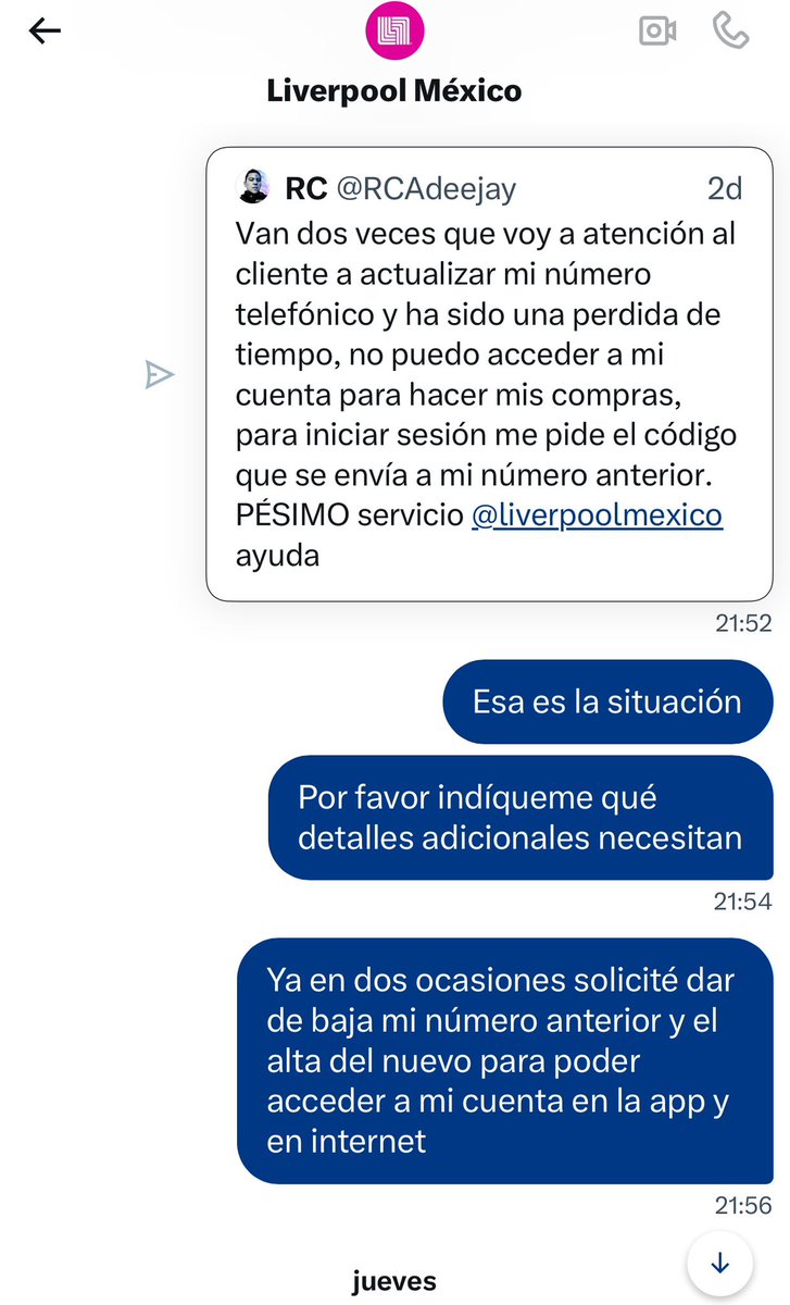 RCAdeejay's tweet image. @liverpoolmexico ni en atención al cliente de Polanco ni reportando por este medio me dieron solución para acceder a mi cuenta, una actualización de número telefónico no pudieron hacer, ni con el banco pasa eso, cancelaré mis tarjetas, mis compras sn en línea ya no puedo comprar