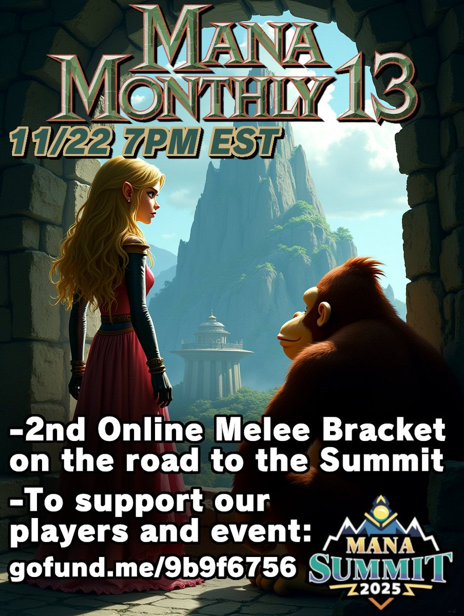 themanalord's tweet photo. #ManaMonthly 13 - Friday November 22nd 7PM EST

📢MM13 is the second Mana Monthly event on the road to the Mana Summit 2025 - an event put in place to support the players who have been demonstrably wronged by the Smash community.

🤔What has the Smash community done to these players?
Hundreds of players have been erroneously banned.  Bans should only be levied upon players who denigrate the competitive integrity of in person events - of which there are an incredible few cases.

😲So what are all these other players banned for?
-Practicing ones own faith
-Accusations alone, without due process, without fair and timely review, and without definitive verdict
-Things as simple as opinions, retweets, and meme sharing if it goes against the overall smash/gayming community hivemind
-Interacting or competing with any falsely 'banned' player, even a conversation or interaction on twitter

👥Mana Monthly is an online event where these 'banned' players can compete against one another and show their world class talent.  The road to the Mana Summit is underway which will be the first ever iteration of this series as an in-person invitational style event. To participate or contribute, please reach out, relevant links and donation link below 👇

-Donate to support our community and help create the first Melee invitational event to support these players: https://t.co/5Vceke0hXl

-Previous events VOD's: https://t.co/tXXMfL0I0O