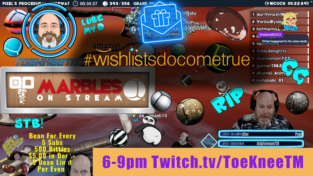 Marbles on Stream? Wishlists?

Yes please! I'll be live from 6-9pm Eastern with Marbs and shenanigans. Come play with your balls and maybe pick up some cash in the monthly drawing!

We're raiding a random streamer tonight for #WishlistsDoComeTrue!

See you soon. Link in bio.