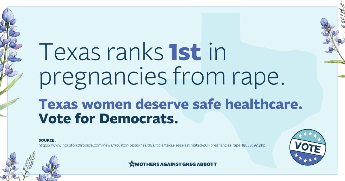 MomsAGAbbott's tweet image. TUESDAY 7 AM - 7 PM IS YOUR LAST CHANCE TO VOTE! I was outraged to learn Texas ranks 1st in pregnancies from rape. Our state is failing women. Women deserve protection, real justice, and healthcare that doesn’t punish survivors. TX women are done with these broken systems.

CHECK…