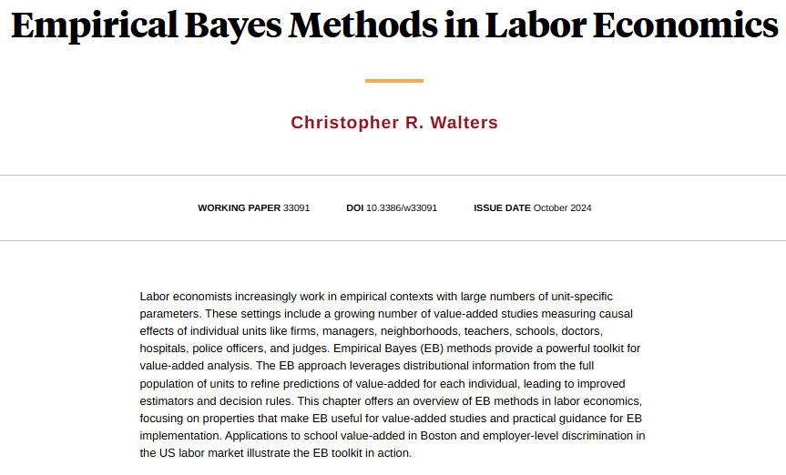 NBER (@nberpubs) on Twitter photo An overview of empirical Bayes tools for studying distributions of effects across large sets of units, with an emphasis on labor economics applications, from <a href="/c_r_walt/">Christopher Walters</a> nber.org/papers/w33091 An overview of empirical Bayes tools for studying distributions of effects across large sets of units, with an emphasis on labor economics applications, from <a href="/c_r_walt/">Christopher Walters</a> nber.org/papers/w33091