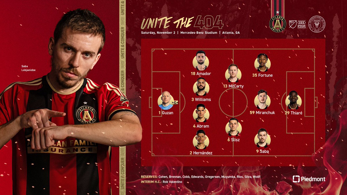 ATLUTD's tweet photo. Our Starting XI for Game 2 vs. Miami 😤

#UniteThe404 x #MLSCupPlayoffs https://t.co/8G7Segl8kE