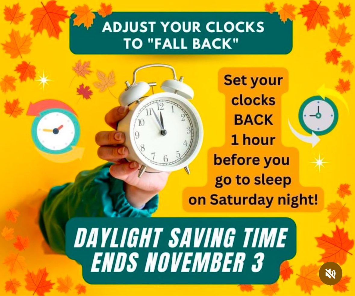 gstomball's tweet photo. Don’t forget to set your clocks back tonight with the end of daylight savings time! 🕰️ https://t.co/j3ifvPCcB0
