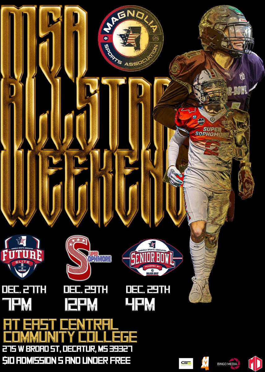 Magnolia Sports Association (@magnoliaallstar) on Twitter photo The stage is SET! 5 year Anniversary!
Magnolia Allstar Weekend
Dec 27th - Future Elit3 7pm
Dec 29- Super Sophomore 12pm Senior Bowl 4pm
@ East Central Community College
Powered By : @majordripathletics and new partner <a href="/codesportsgroup/">Codesportsgroup</a>
Live streamed by : <a href="/bingomediallc/">Bingo Media</a> The stage is SET! 5 year Anniversary!
Magnolia Allstar Weekend
Dec 27th - Future Elit3 7pm
Dec 29- Super Sophomore 12pm Senior Bowl 4pm
@ East Central Community College
Powered By : @majordripathletics and new partner <a href="/codesportsgroup/">Codesportsgroup</a>
Live streamed by : <a href="/bingomediallc/">Bingo Media</a>