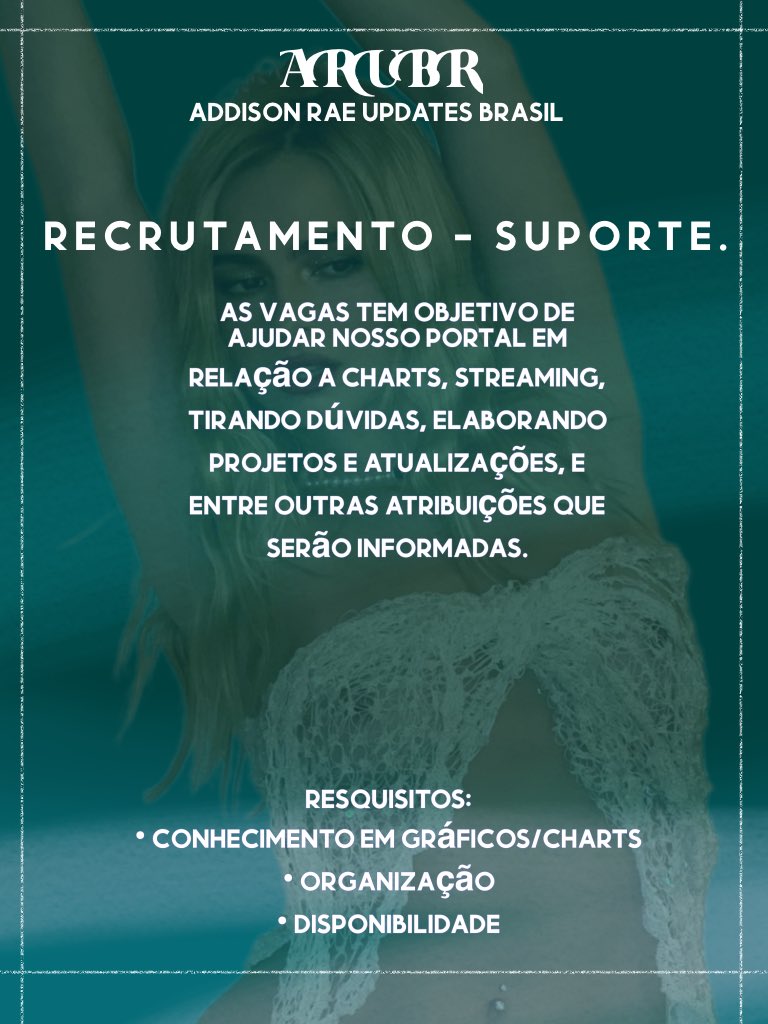 ARUpdatesBR's tweet photo. 📢 FINALMENTE! O Portal Addison Rae Updates Brasil está com vagas abertas.

Estamos com vagas abertas para novos membros em nossa equipe. Leia atentamente o texto nas imagens abaixo e descubra qual vaga você tiver interesse. Interessados, é só chamar na DM! https://t.co/6wbOG3E4XD