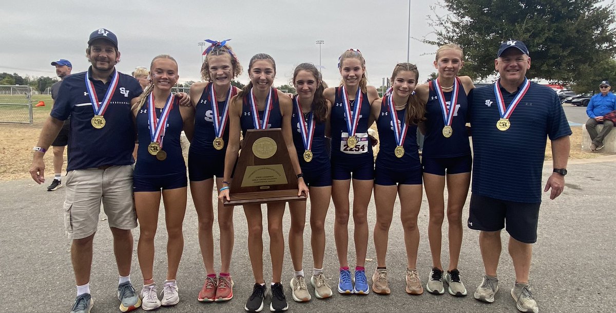 hinojosa_david's tweet photo. Scenes from #UILState cross country: Randolph’s Sophia Bendet and Aubrey Milam pose with their medals; Boerne Champion’s Elizabeth Leachman takes a photo with a fellow runner; Smithson Valley girls pose with their Class 5A state trophy. https://t.co/sZ1JrmzD86