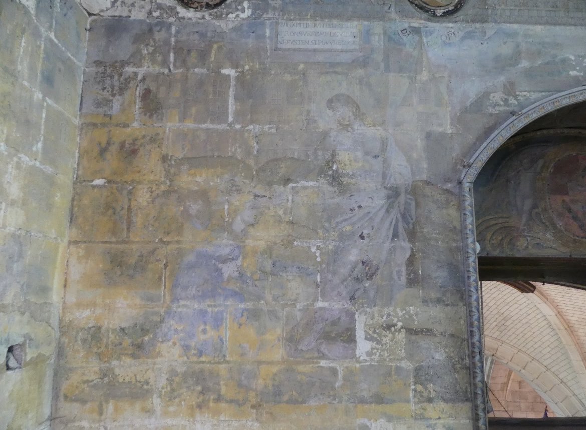 grpmurale's tweet photo. #1samedi1peinture Scènes du XVIIe s. dont le Noli me tangere, chapelle castrale de Véretz, Indre-et-Loire. La chapelle, construite sur le coteau, forme une tribune ds l'église paroissiale permettant au seigneur de suivre la messe en dominant la nef. (1/2) https://t.co/YiNjRgS188