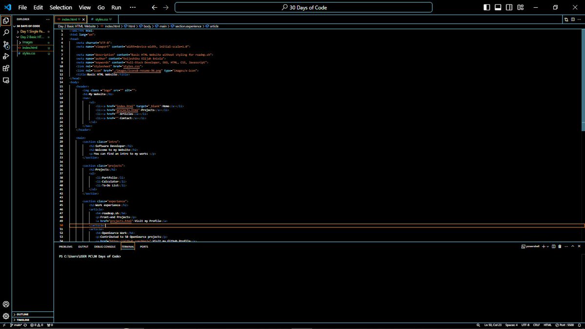Henneiiy's tweet photo. Day 2 update for my 30days of code challenge, todays challenge is building of basic html website https://t.co/6tptDyZofs. Check it on my Github https://t.co/vjYCHbgDsm. #Codeflex2024 #30DaysCodeBootCamp #ChallengeAccepted #30daysofgdgockwasu @gdgoC_Kwasu https://t.co/jAQ5TU3Jkf