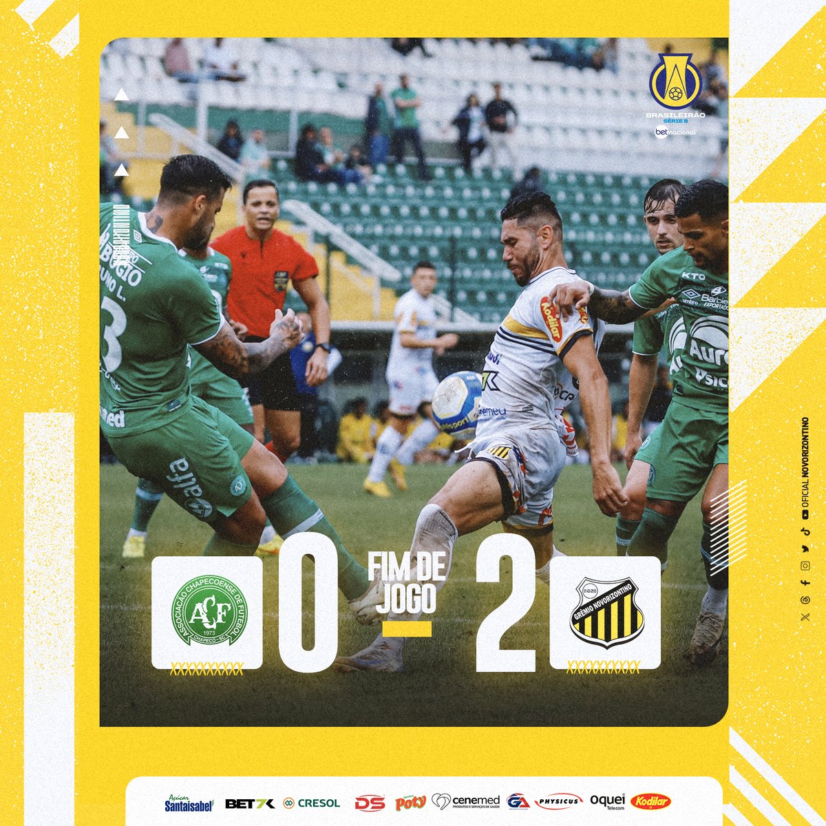 novorizontino's tweet photo. 🟡⚫️ FIM DE JOGO   

Chapecoense - 0
Novorizontino - 2

📸 @ozzair_junior / Novorizontino

#PaixãoPeloNovorizontino #EmFrenteTigreValente #Futebol #Novorizontino #BrasileirãoB https://t.co/NosqpfcJQ5