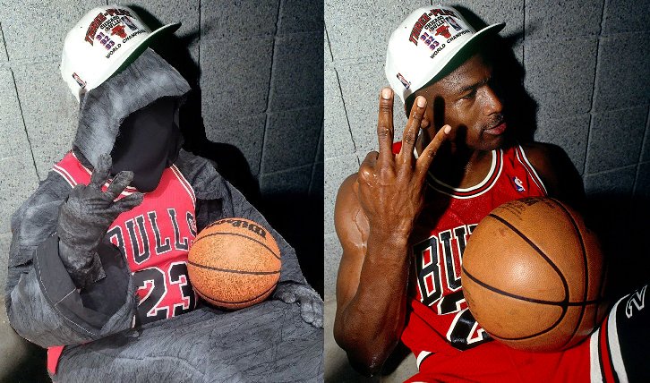 RitzCostumes's tweet photo. Now that the contest is over I can share this! @TotalPizzaSlut and I entered the @PaymoneyWubby costume contest as the Michael Jordan Bog Wraith! Custom jersey, I made the cloak, he made the graded card slab and photo edits. We made it to top 8! I'm proud of us. https://t.co/KiOhfDhAkQ