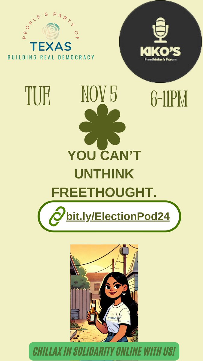 Join Athena with the <a href="/ppotx/">priscila virtucio</a> on the awesome <a href="/KikoFreethinker/">Kiko’s Freethinker’s Forum</a> 's podcast on election night! Starting 6pm CST
We'll talk all things :)
Bit.ly/ElectionPod24
#antiduopoly #progressivepopulism #people #anarchy #horizontaldemocracy #freepalestine #Texas