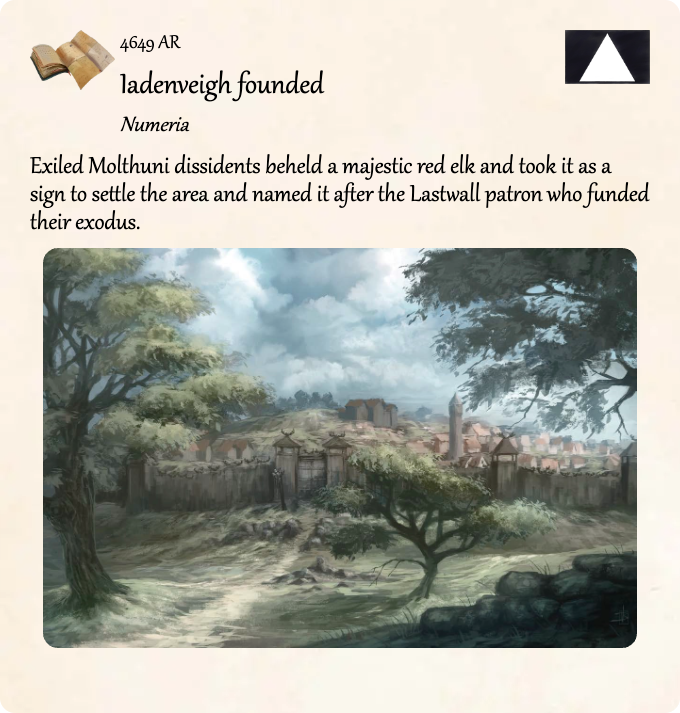 GolarionToday's tweet photo. 4649 AR: Iadenveigh founded
#Numeria #Lastwall #Iadenveigh #4649AR
https://t.co/utGsQ07QwD
Exiled Molthuni dissidents beheld a majestic red elk and took it as a sign to settle the area and named it after the Lastwall patron who funded their exodus. https://t.co/WKikxMVfds