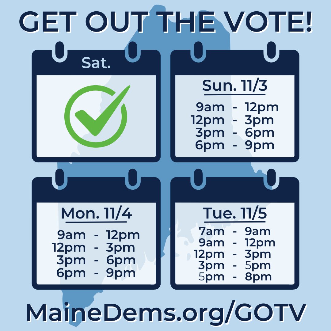 MaineDems's tweet photo. ✅ Day one is done, but we need more help to Get Out The Vote and win the election for Kamala Harris &amp; Maine Dems!

🫵 We are counting on YOU, our volunteers, to work with us to ensure Democratic victories up &amp; down the ticket.

📋 SIGN UP NOW: https://t.co/2UFV6R5p17 https://t.co/0IEmHPu56O