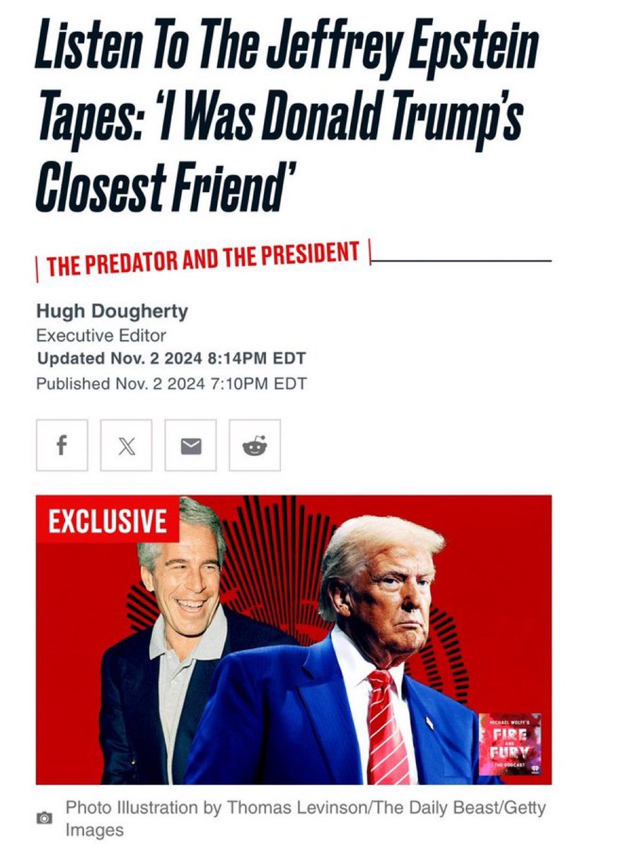 BREAKING: Newly found Jeffry Epstein tapes have clear audio from Jeffrey Epstein saying he was one of Donald Trump’s closest friends. Disgusting.