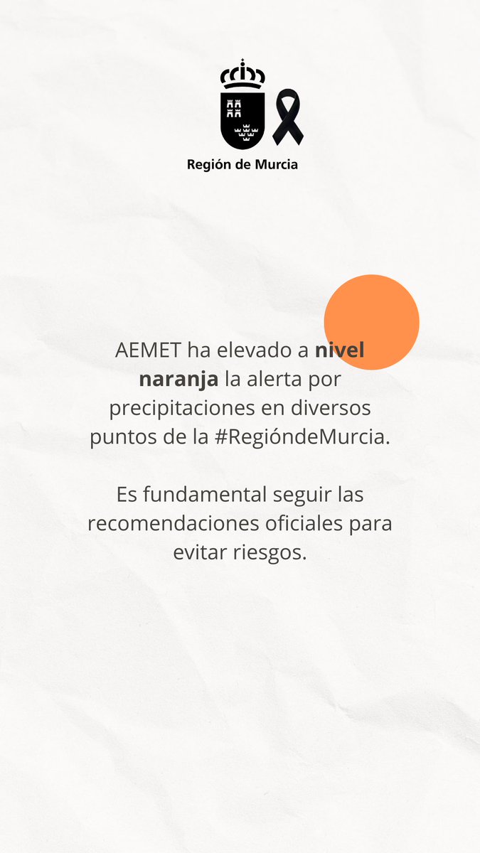 regiondemurcia's tweet photo. AEMET ha elevado a nivel naranja la alerta por precipitaciones en diversos puntos de la #RegiónDeMurcia.

Es fundamental seguir las recomendaciones oficiales para evitar riesgos.

Información detallada y actualizada: https://t.co/TxXjazhJ4b https://t.co/Od3DZR6Mxp