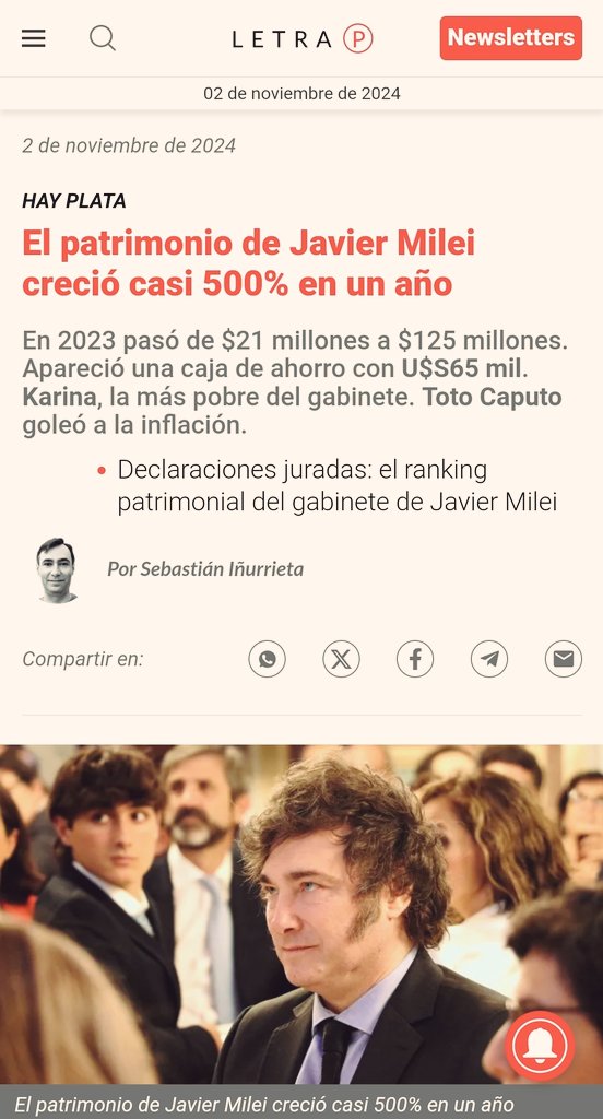Milei aumentó su patrimonio en un 495% en 2023. El dato es llamativo porque el año pasado sorteaba su sueldo como diputado, pero se explica por la declaración de una "caja de ahorro" con U$S 65.000 que nunca había informado. ¿Habrá más sorpresas en las próximas declaraciones