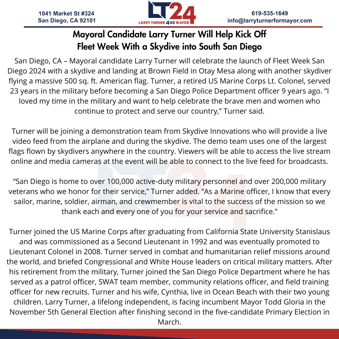 Get ready, San Diego! Tomorrow at 2 pm, Larry Turner will kick off Fleet Week in epic style—by skydiving with a massive American flag! 🇺🇸 Join us at Brown Field Airport in Otay Mesa to cheer him on and show your support for our veterans, active-duty heroes, and our future mayor!