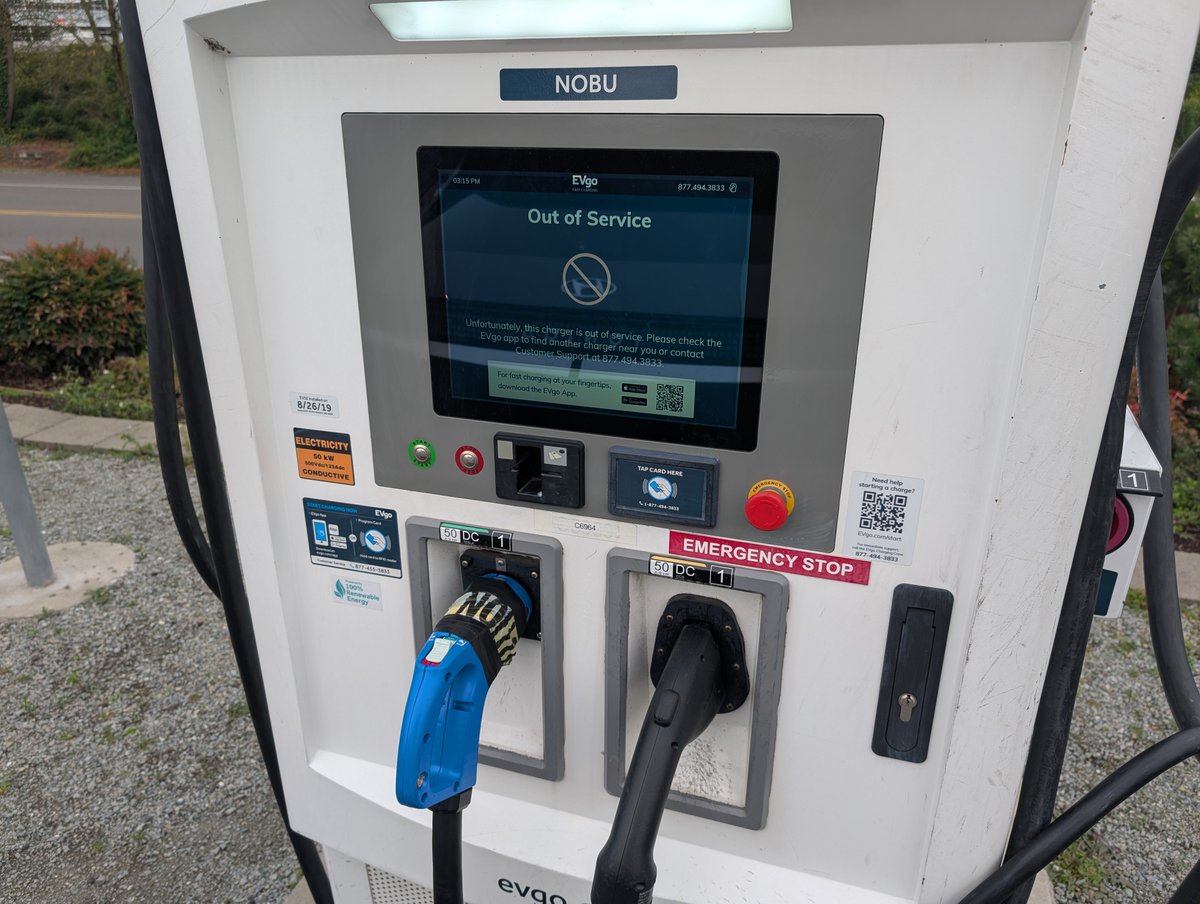 .<a href="/SeaTacAirport/">Seattle Tacoma Intl. Airport</a> second time here at Cell Phone Lot in last four months and <a href="/evgonetwork/">EVgo Fast Charging Network</a> charger still out of service.  Called and they know. I know it's not you but isn't it a bit embarrassing?