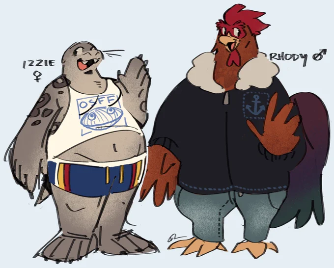 as we do at most cons, @gayfeatherstar and i are tossing around our ideas for a probably-never-to-be rhode island furry convention and its mascots ⚓️ third pic is the original crayon sketch i did of em at ANE earlier this year 