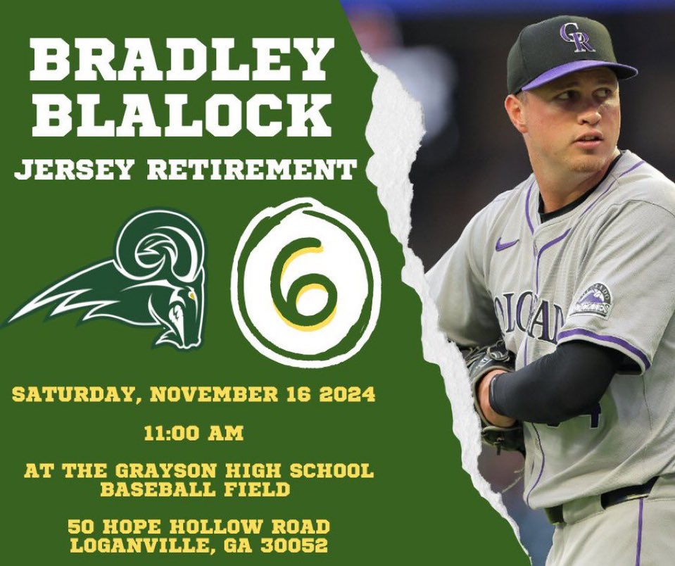 It’s two weeks away!  Come celebrate <a href="/bradley_blalock/">Bradley Blalock</a> as we retire his #6 Ram jersey!

<a href="/Rockies/">Colorado Rockies</a> 

#SomeoneIsAlwaysWatching
#BradleyBlalock
#Number6
