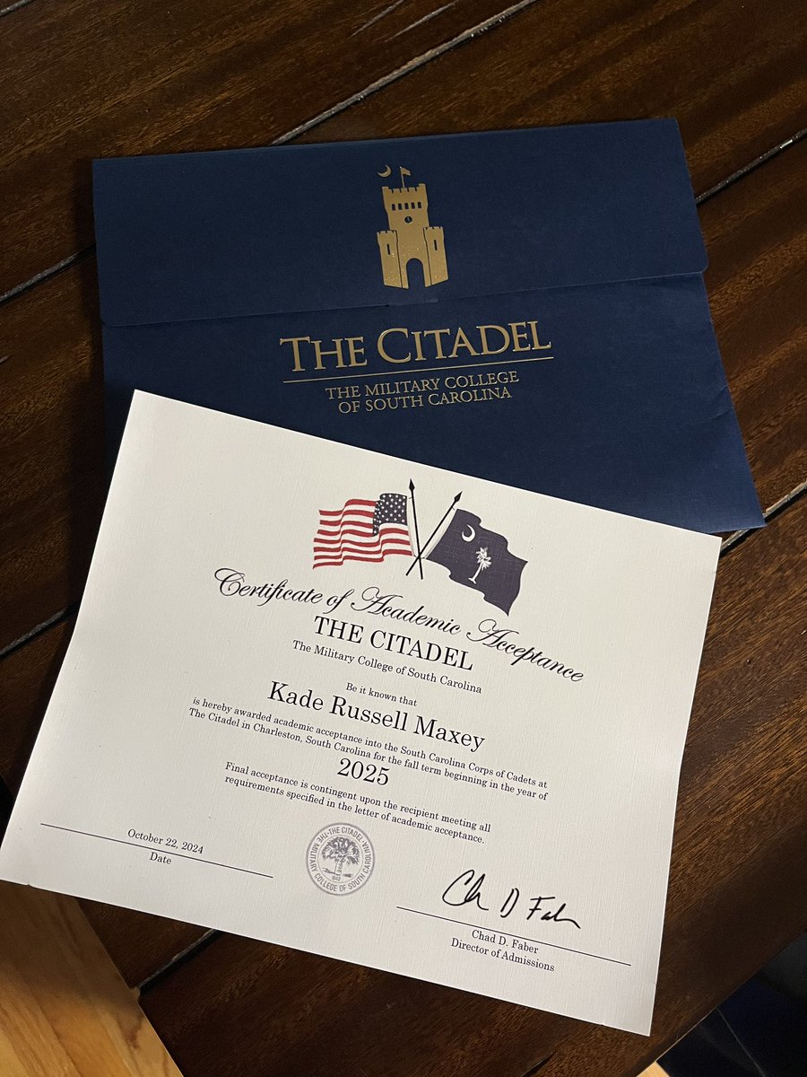 ⭐️Kade Maxey⭐️ (@kademaxey25) on Twitter photo I am extremely blessed and grateful to have been accepted into The Citadel‼️‼️
<a href="/CoachJReynolds/">James Reynolds</a> <a href="/CoachRAPinilla/">TweetMasterP</a> <a href="/BlazeBarista/">Coach Blaze Barista</a> <a href="/train0187/">TRAINBUILT PERFORMANCE</a> <a href="/BlueFlameFB/">Pickens Football</a> <a href="/CoachBishop62/">Kyle Bishop</a> <a href="/TheCitadelFB/">The Citadel Football Recruiting</a> <a href="/CitadelFootball/">The Citadel Football</a> I am extremely blessed and grateful to have been accepted into The Citadel‼️‼️
<a href="/CoachJReynolds/">James Reynolds</a> <a href="/CoachRAPinilla/">TweetMasterP</a> <a href="/BlazeBarista/">Coach Blaze Barista</a> <a href="/train0187/">TRAINBUILT PERFORMANCE</a> <a href="/BlueFlameFB/">Pickens Football</a> <a href="/CoachBishop62/">Kyle Bishop</a> <a href="/TheCitadelFB/">The Citadel Football Recruiting</a> <a href="/CitadelFootball/">The Citadel Football</a>