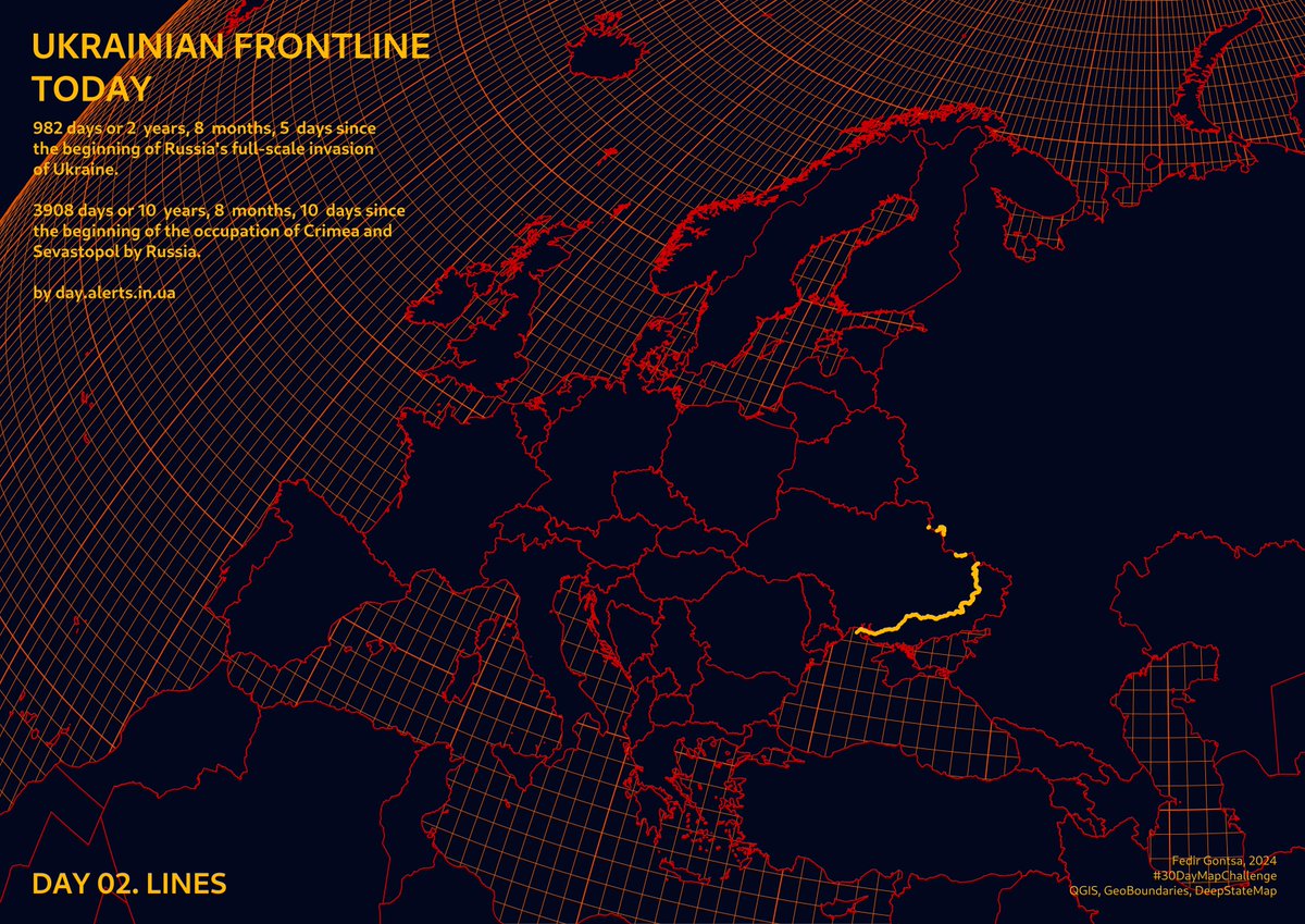 Day 02. Lines #30DayMapChallenge
Ukrainian frontline today. 982 days of Russia's full-scale invasion of Ukraine or 3908 days the beginning of the occupation of Crimea and Sevastopol by Russia