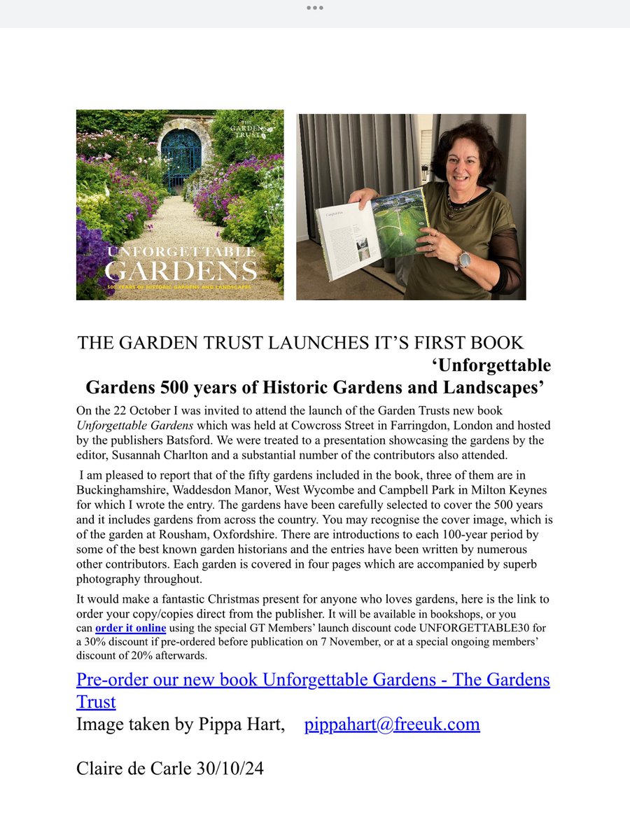bucksgardens's tweet photo. Want a Christmas present for the gardener in your life? Want it at 30% off? Quick, order the new Gardens Trust book before 7 November! https://t.co/SWhhoOsjXF